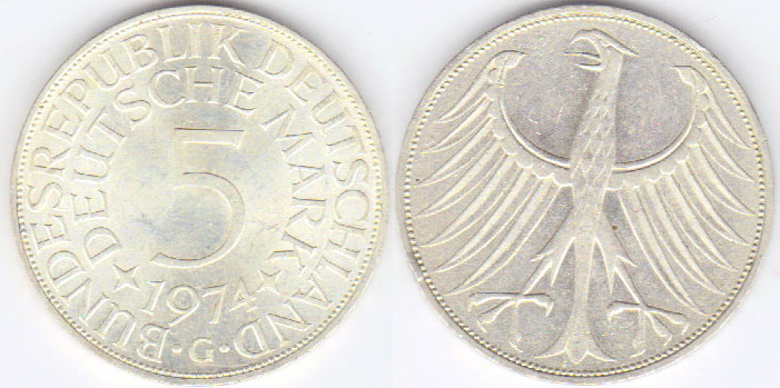 1974 G Germany silver 5 Mark A001852